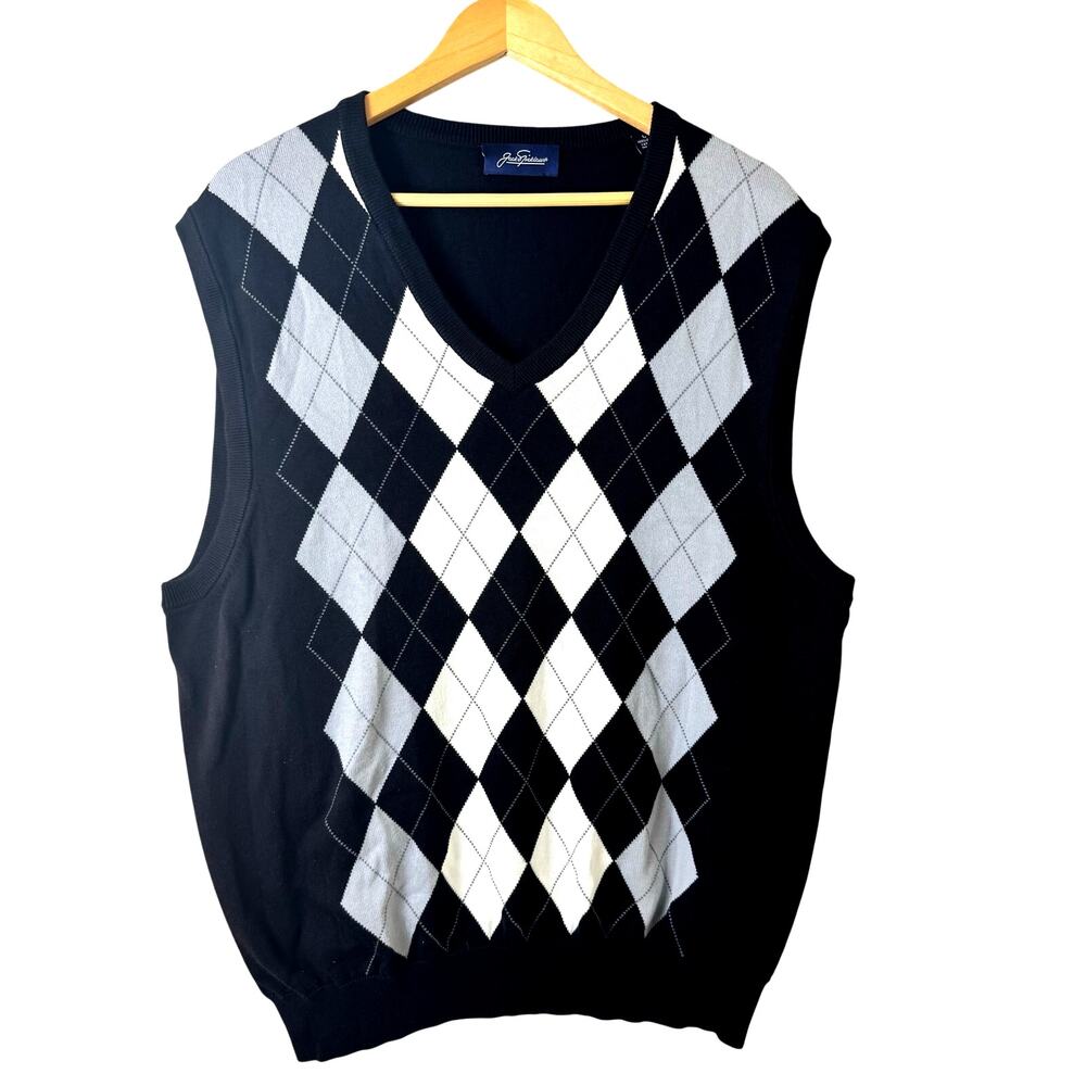 Jack Nicklaus Argyle Sweater Vest Mens Large Pima Cotton Black Golf Preppy